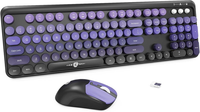 FD Wireless Keyboard and Mouse Combo | Cute Colorful Keyboard and Mouse with 2.4GHz Cordless Retro Typewriter Keyboard | Auto-Sleep | USB Receiver for Windows PC/Laptop - Black Purple Gradient - Image 1